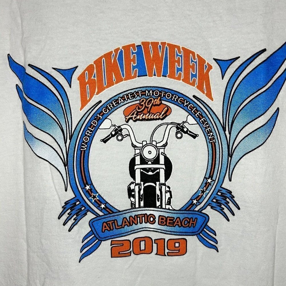 Gildan 39th Annual ATLANTIC BEACH BIKE WEEK 2019 T-Shirt White Short Sleeve Sz L